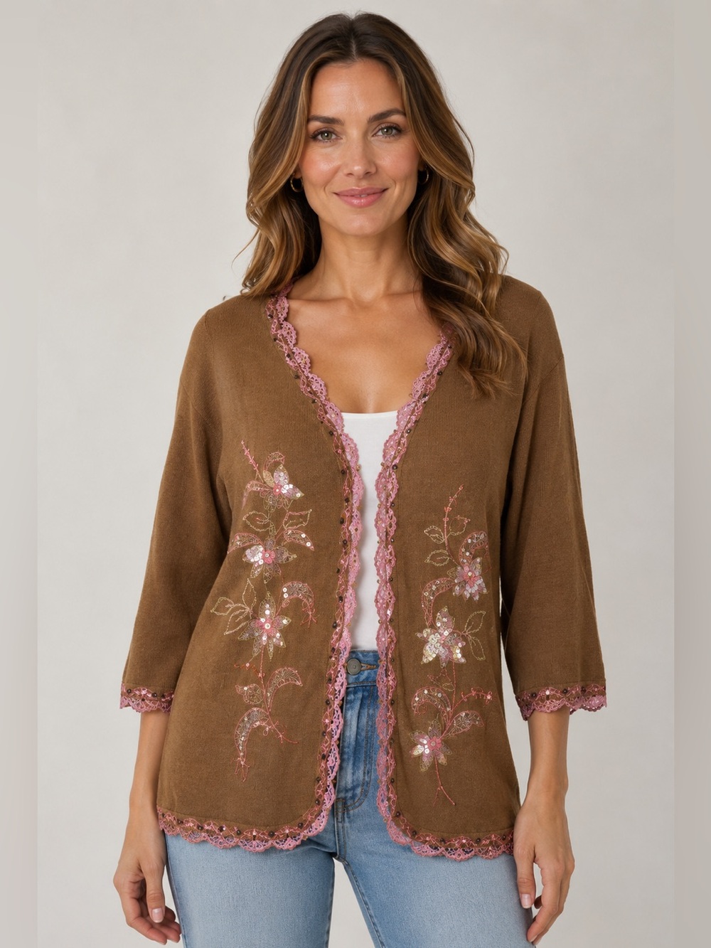 Storybook Knits Women’s M Vintage Floral Lace-Trim Cardigan HSN Sequins Beaded